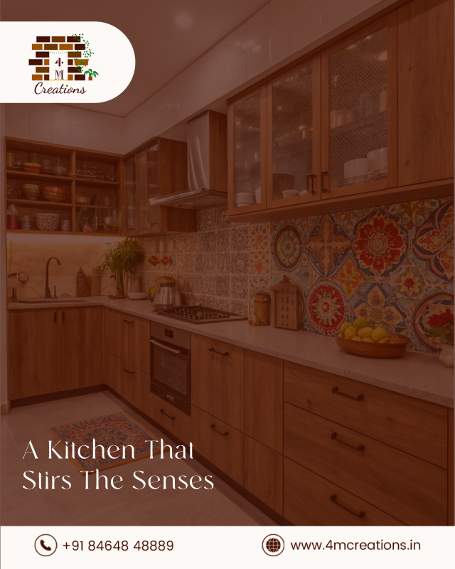 Vibrant Kitchen Design with Warm Wood and Artistic Backsplash